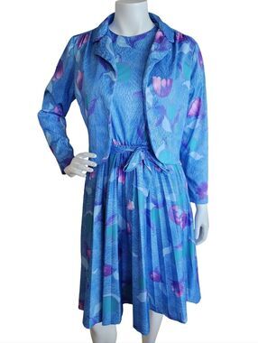 Vintage 80s SRZ Casuals Pleated Midi Dress & Jacket Set - Blue/Purple Floral